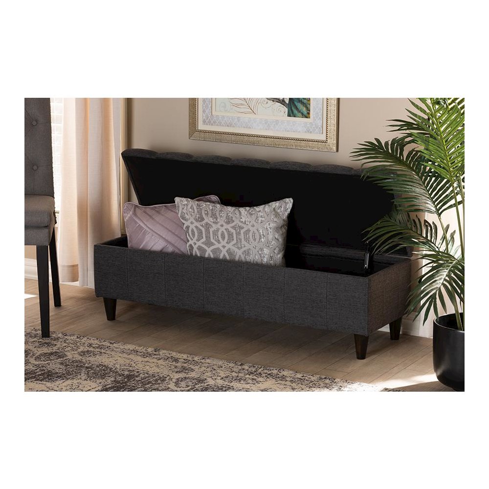 Charcoal Fabric Upholstered Dark Brown Finished Wood Storage Bench Ottoman