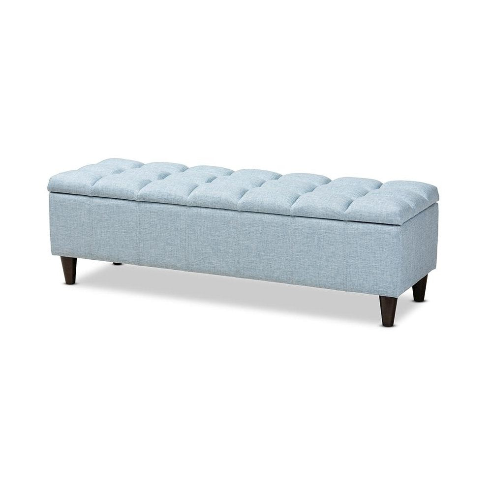 Light Blue Fabric Upholstered Dark Brown Finished Wood Storage Bench Ottoman
