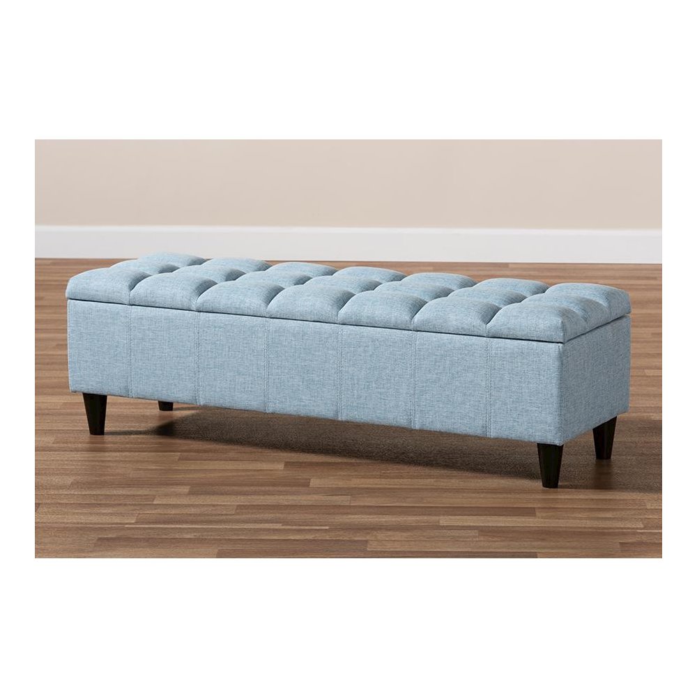 Light Blue Fabric Upholstered Dark Brown Finished Wood Storage Bench Ottoman