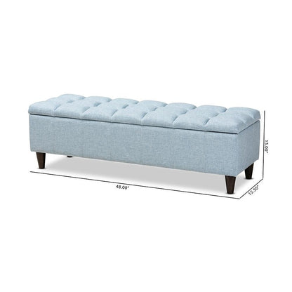 Light Blue Fabric Upholstered Dark Brown Finished Wood Storage Bench Ottoman