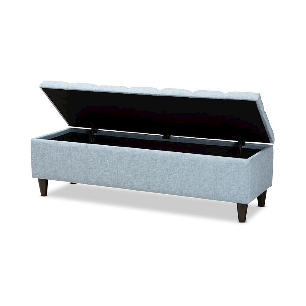 Light Blue Fabric Upholstered Dark Brown Finished Wood Storage Bench Ottoman