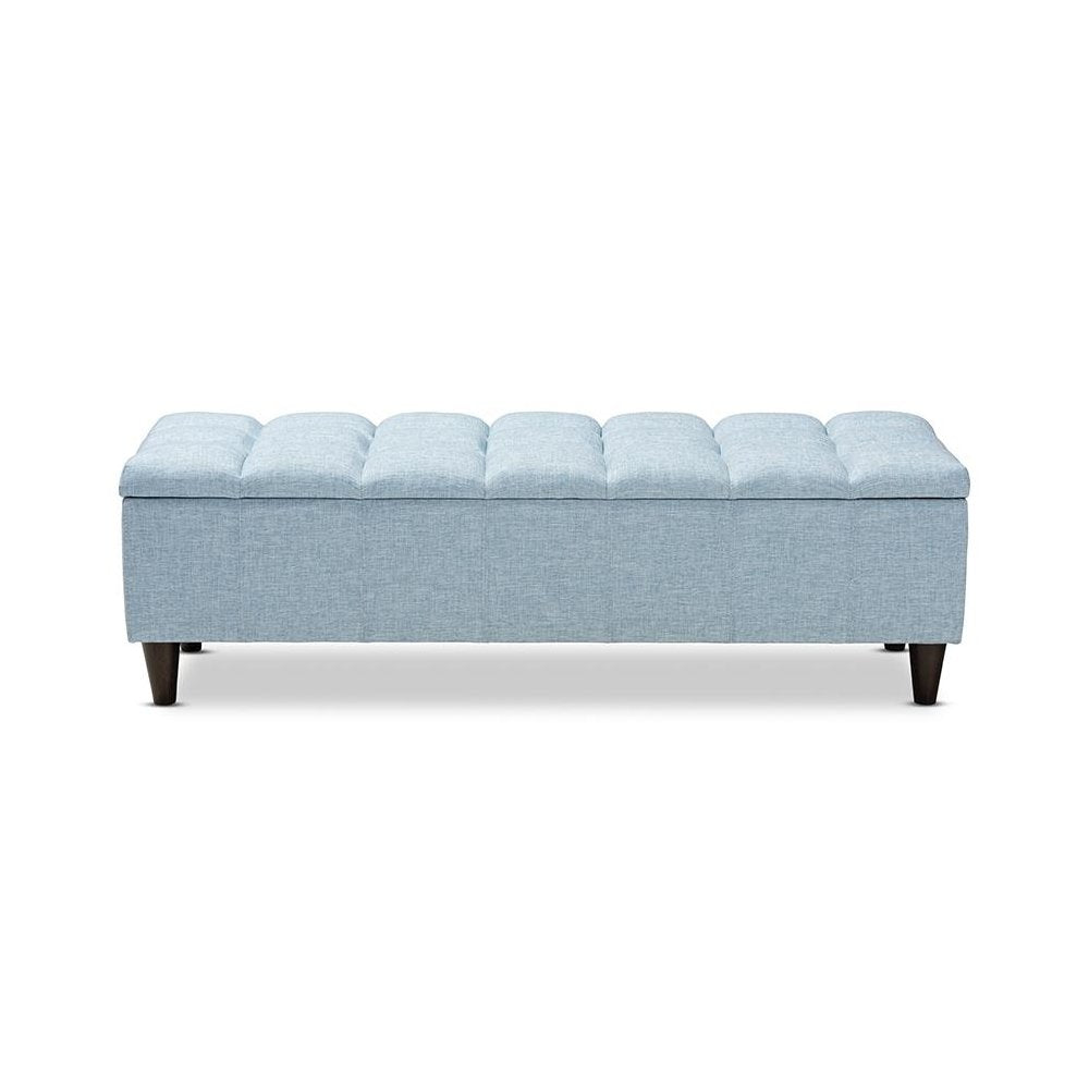 Light Blue Fabric Upholstered Dark Brown Finished Wood Storage Bench Ottoman