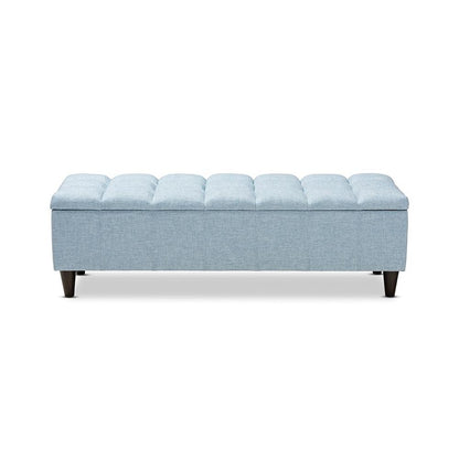 Light Blue Fabric Upholstered Dark Brown Finished Wood Storage Bench Ottoman