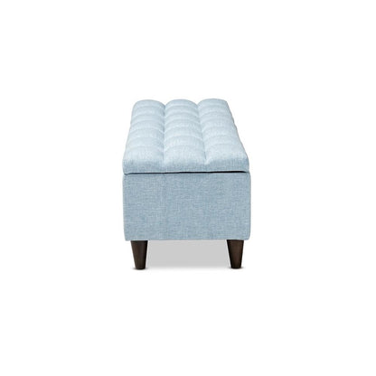 Light Blue Fabric Upholstered Dark Brown Finished Wood Storage Bench Ottoman