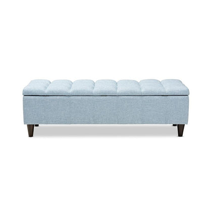 Light Blue Fabric Upholstered Dark Brown Finished Wood Storage Bench Ottoman