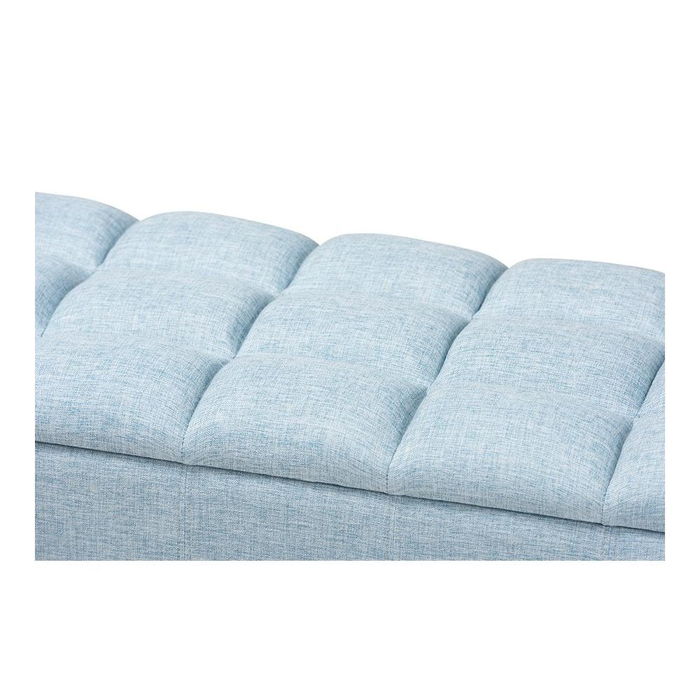 Light Blue Fabric Upholstered Dark Brown Finished Wood Storage Bench Ottoman