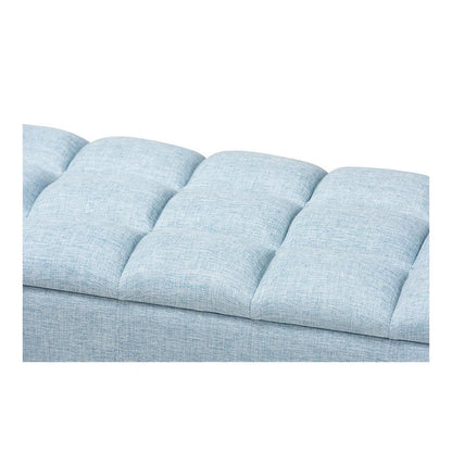 Light Blue Fabric Upholstered Dark Brown Finished Wood Storage Bench Ottoman