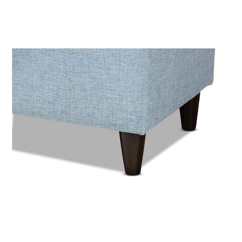 Light Blue Fabric Upholstered Dark Brown Finished Wood Storage Bench Ottoman