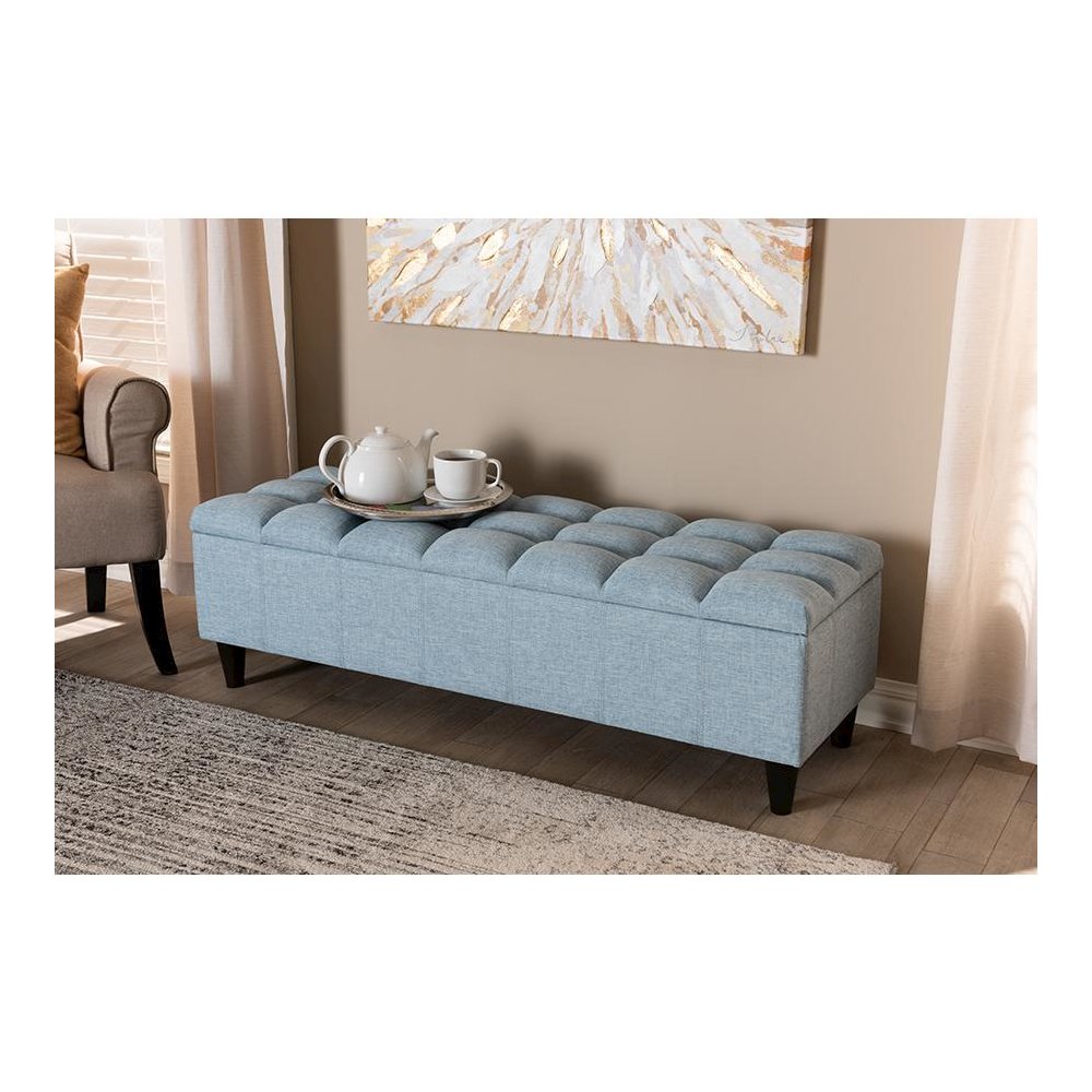 Light Blue Fabric Upholstered Dark Brown Finished Wood Storage Bench Ottoman