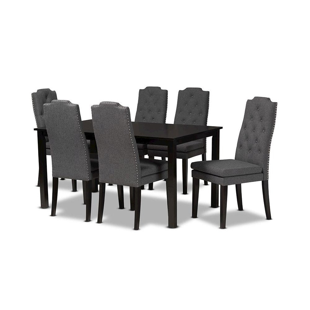 Dark Grey Fabric Upholstered and Dark Brown Finished Wood 7-Piece Dining Set
