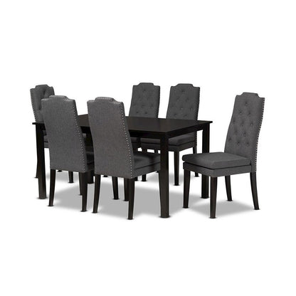 Dark Grey Fabric Upholstered and Dark Brown Finished Wood 7-Piece Dining Set