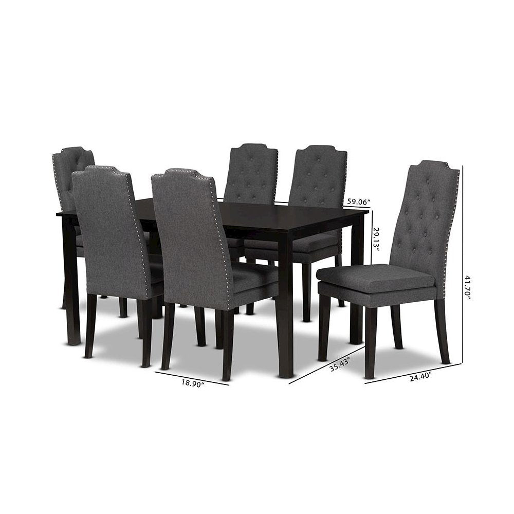 Dark Grey Fabric Upholstered and Dark Brown Finished Wood 7-Piece Dining Set