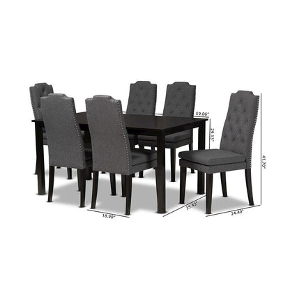 Dark Grey Fabric Upholstered and Dark Brown Finished Wood 7-Piece Dining Set