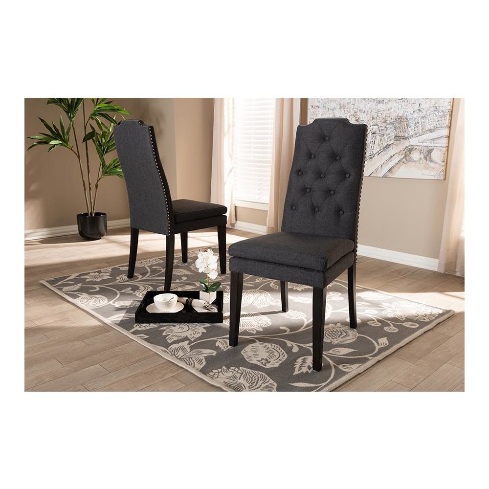 Charcoal Fabric Upholstered Button Tufted Wood Dining Chair Set of 2