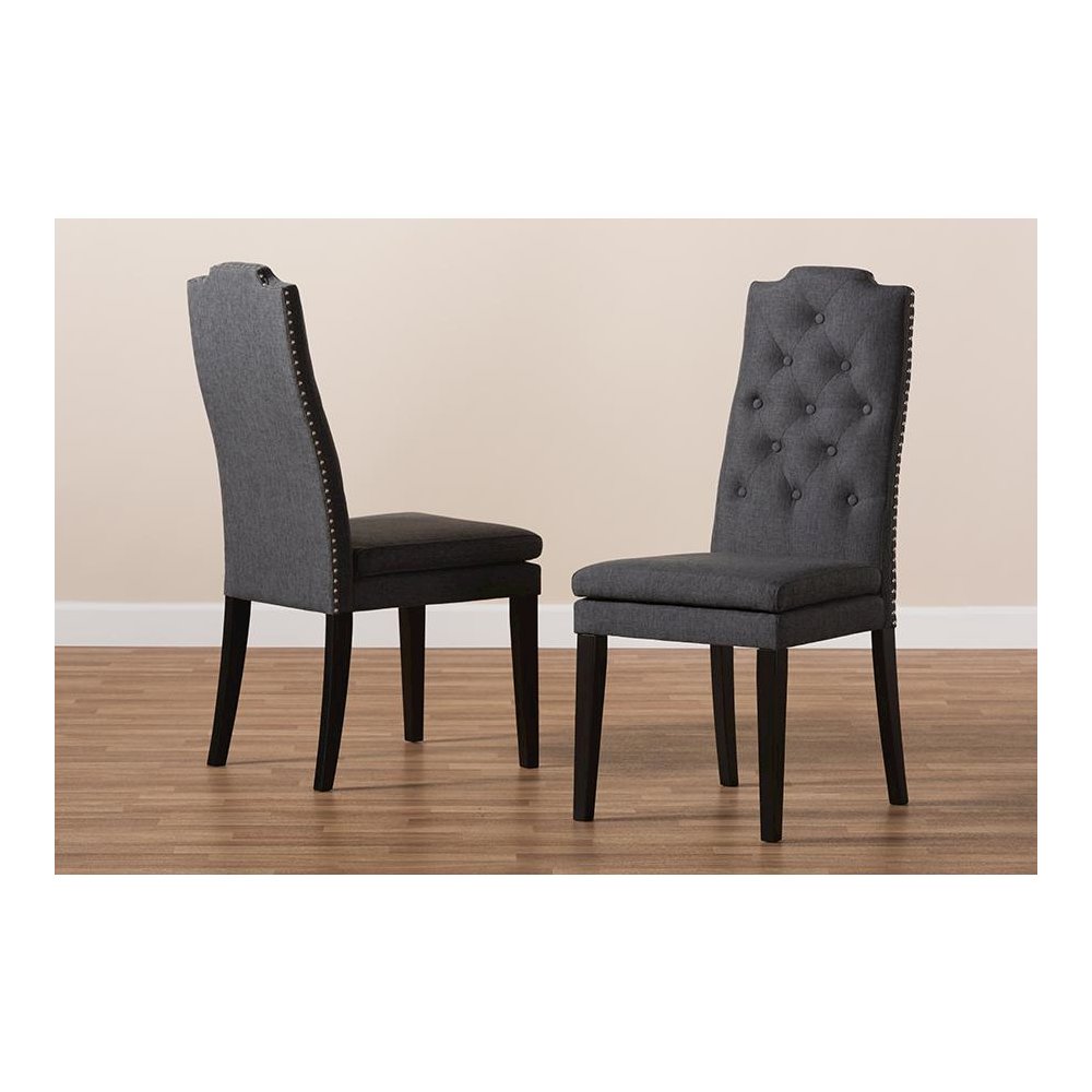 Charcoal Fabric Upholstered Button Tufted Wood Dining Chair Set of 2