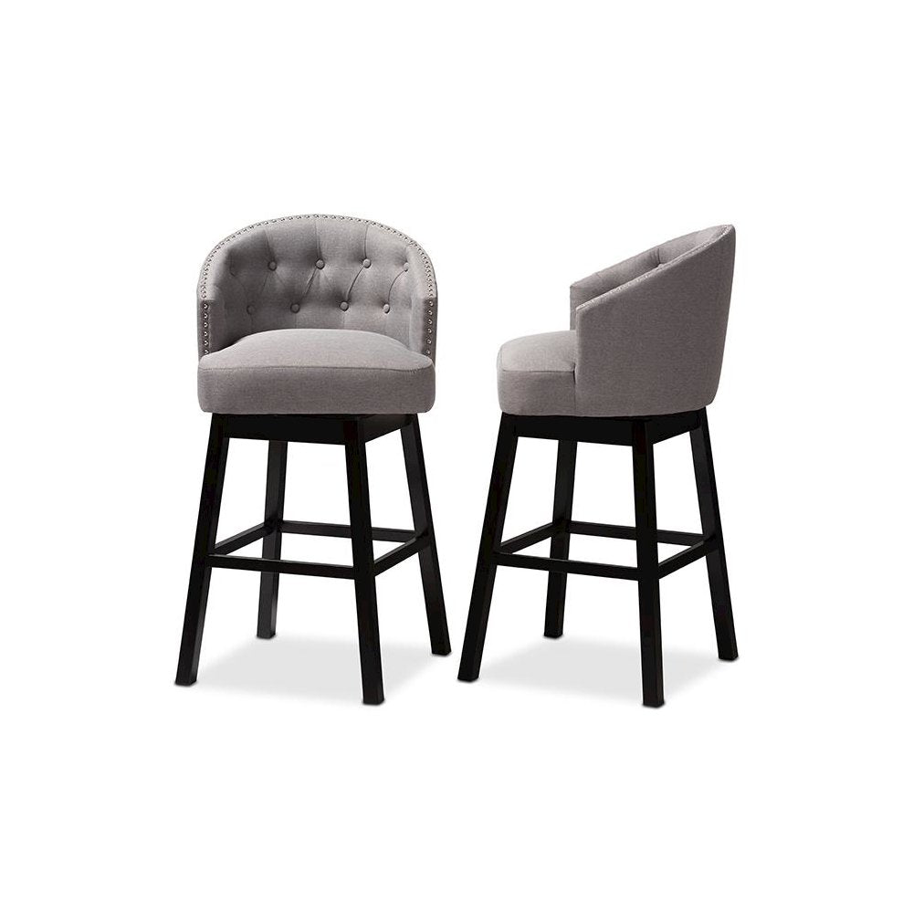 Theron Transitional Gray Fabric Upholstered Wood Swivel Bar Stool Set of 2