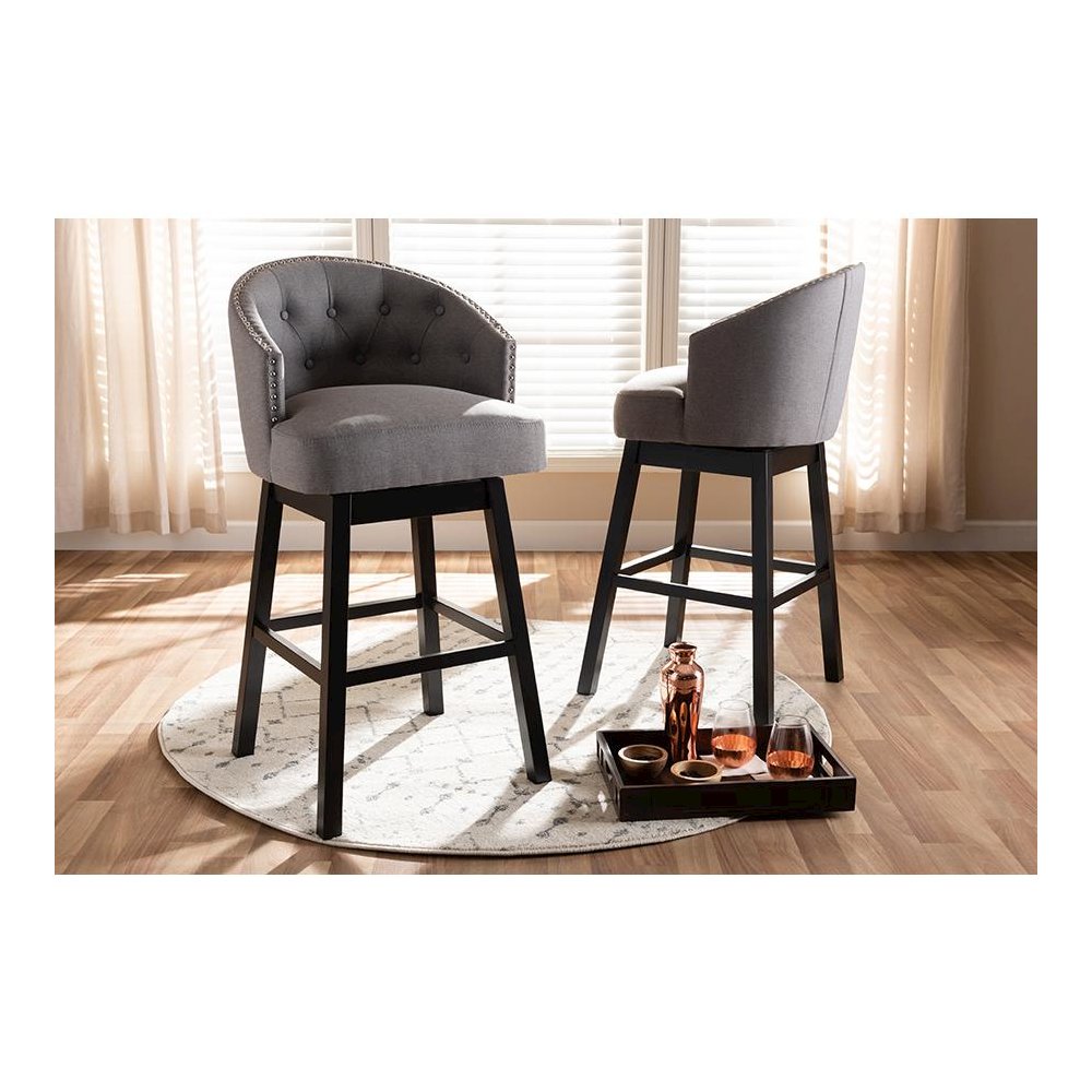 Theron Transitional Gray Fabric Upholstered Wood Swivel Bar Stool Set of 2