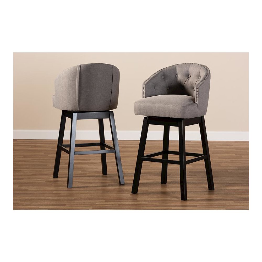 Theron Transitional Gray Fabric Upholstered Wood Swivel Bar Stool Set of 2