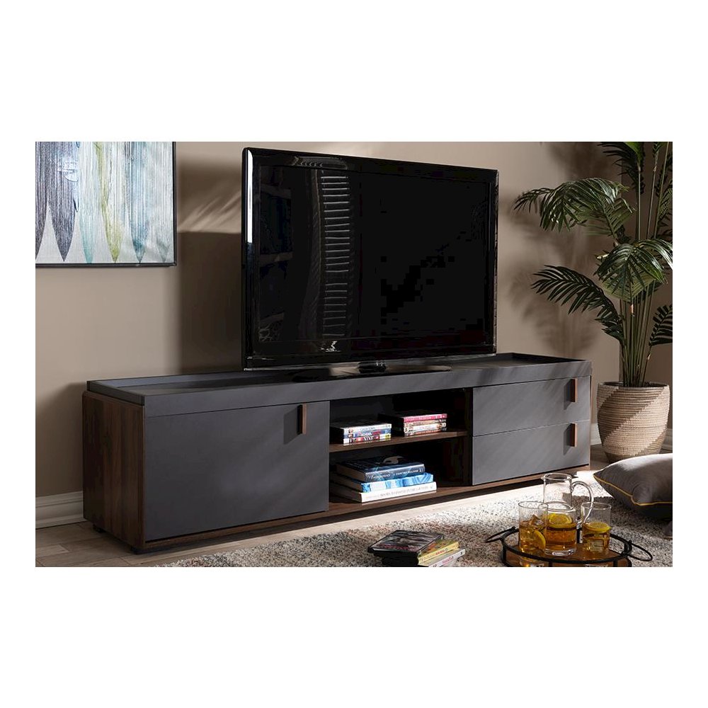 Two-Tone Gray and Walnut Finished Wood 2-Drawer TV Stand