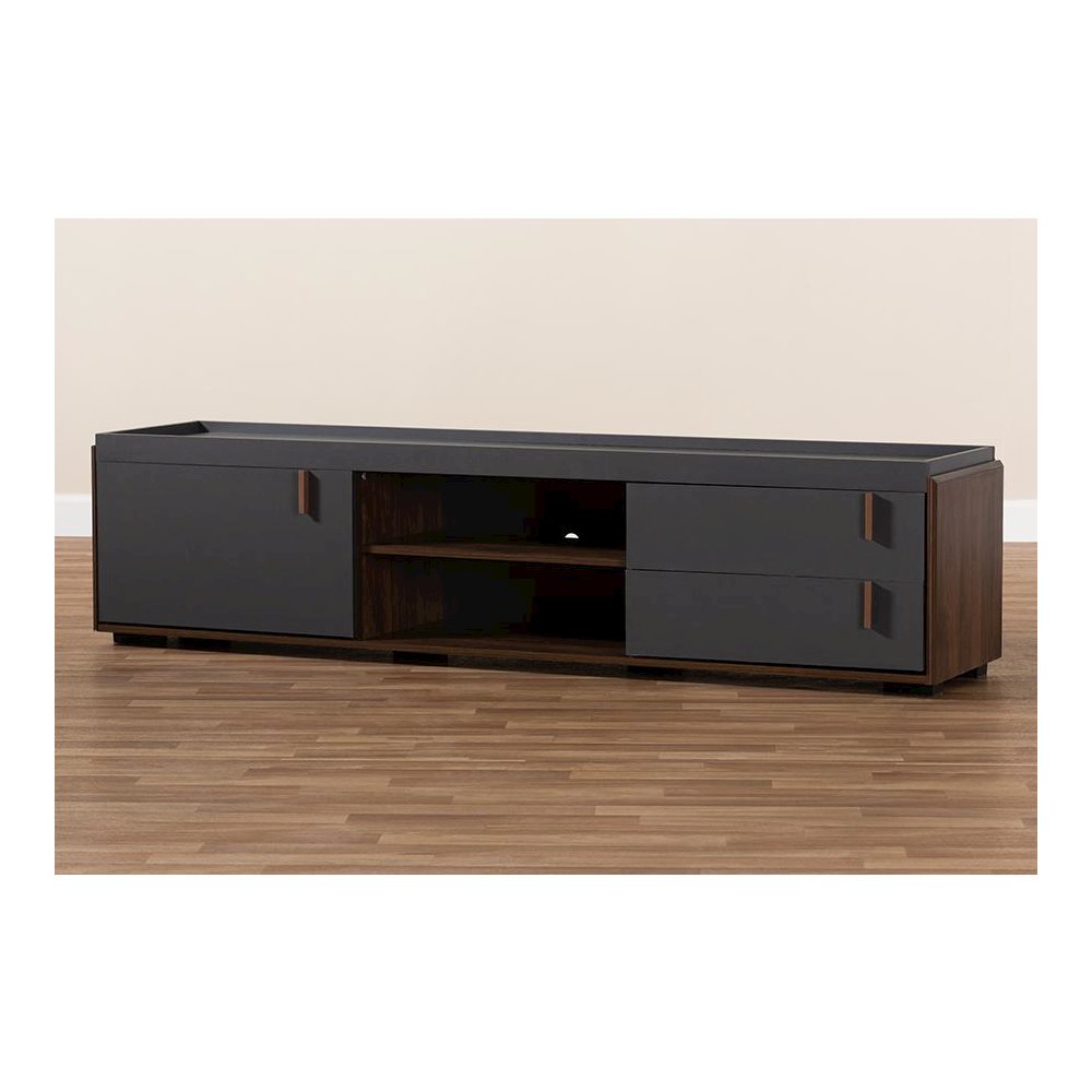 Two-Tone Gray and Walnut Finished Wood 2-Drawer TV Stand