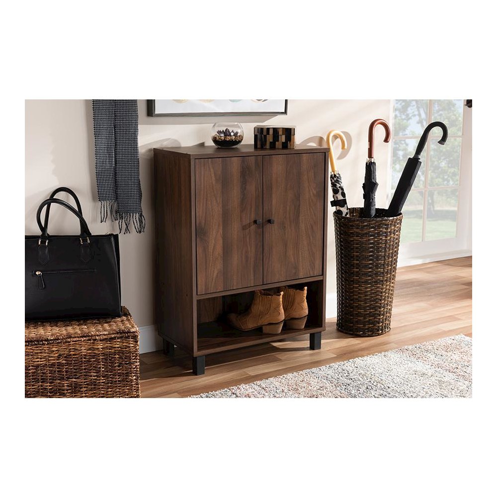 Walnut Brown Finished 2-Door Wood Entryway Shoe Storage Cabinet