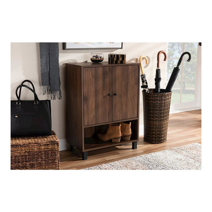 Walnut Brown Finished 2-Door Wood Entryway Shoe Storage Cabinet