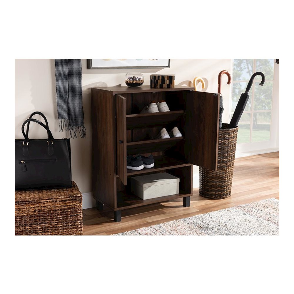 Walnut Brown Finished 2-Door Wood Entryway Shoe Storage Cabinet