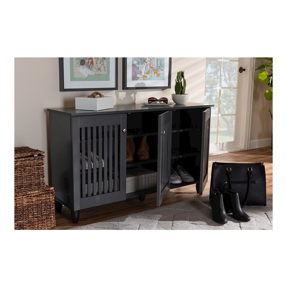 Dark Gray 3-Door Wooden Entryway Shoe Storage Wide Cabinet