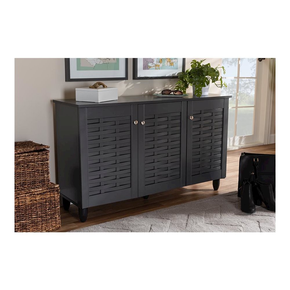 Dark Gray 3-Door Wooden Entryway Shoe Storage Cabinet