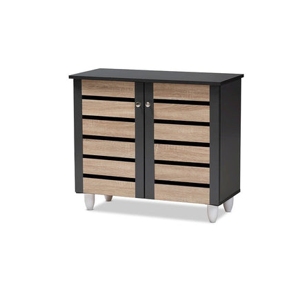 Two-Tone Oak and Dark Gray 2-Door Shoe Storage Cabinet