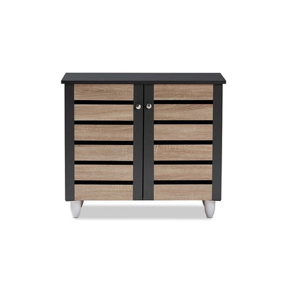 Two-Tone Oak and Dark Gray 2-Door Shoe Storage Cabinet