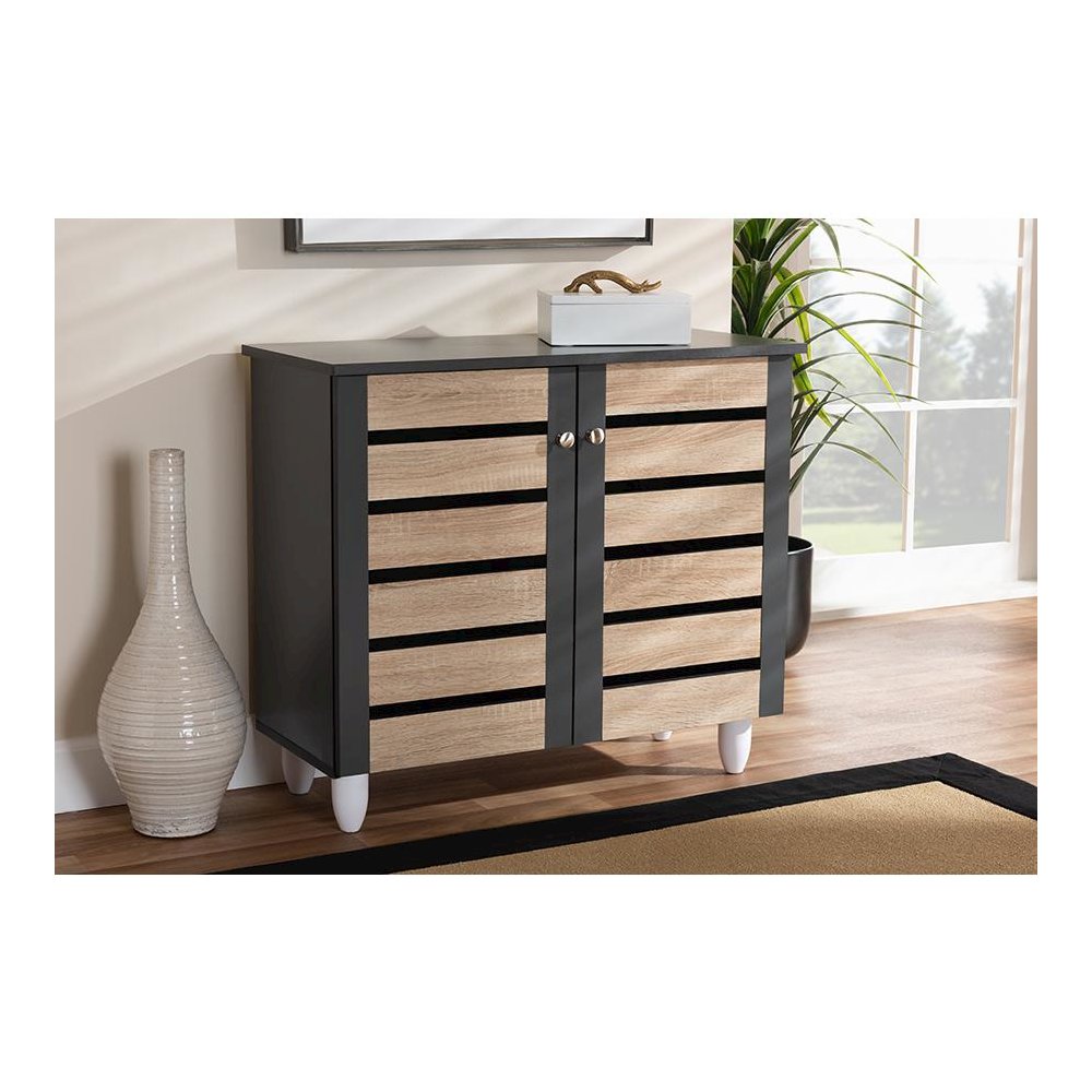 Two-Tone Oak and Dark Gray 2-Door Shoe Storage Cabinet