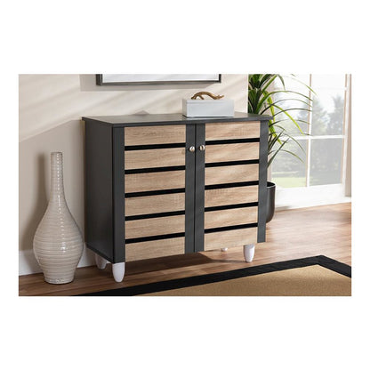 Two-Tone Oak and Dark Gray 2-Door Shoe Storage Cabinet