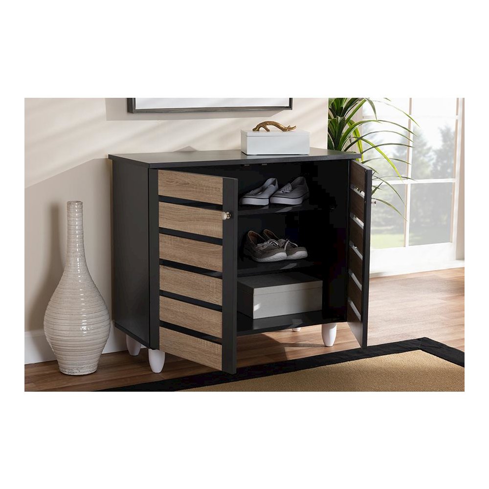 Two-Tone Oak and Dark Gray 2-Door Shoe Storage Cabinet