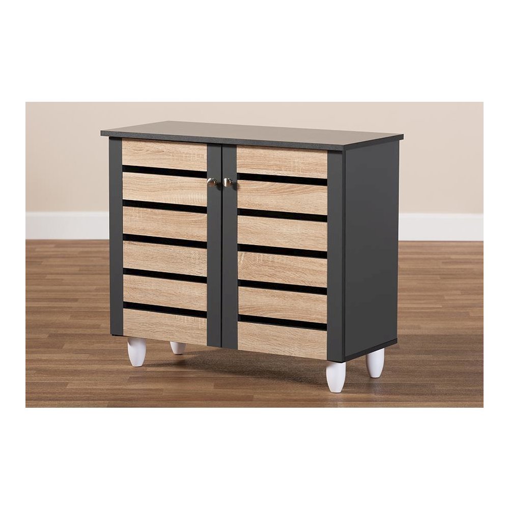 Two-Tone Oak and Dark Gray 2-Door Shoe Storage Cabinet