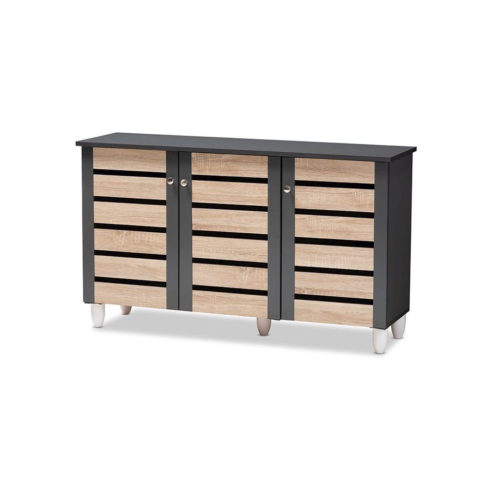 Two-Tone Oak and Dark Gray 3-Door Shoe Storage Cabinet