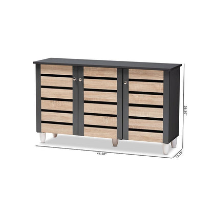 Two-Tone Oak and Dark Gray 3-Door Shoe Storage Cabinet