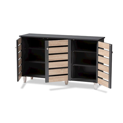 Two-Tone Oak and Dark Gray 3-Door Shoe Storage Cabinet