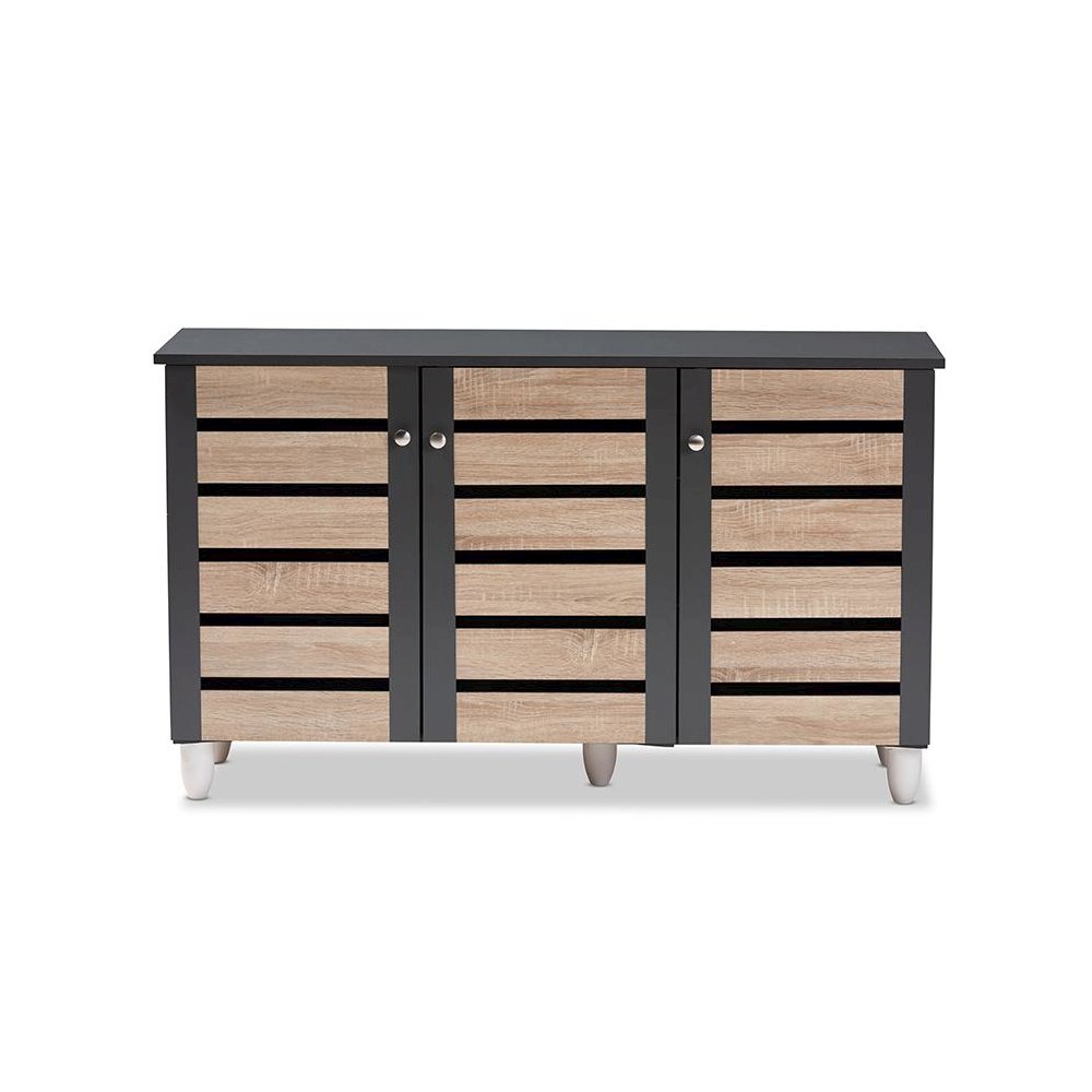 Two-Tone Oak and Dark Gray 3-Door Shoe Storage Cabinet