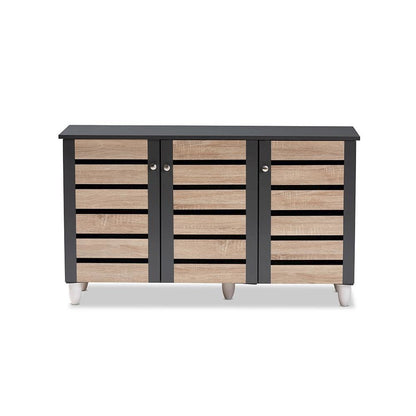 Two-Tone Oak and Dark Gray 3-Door Shoe Storage Cabinet