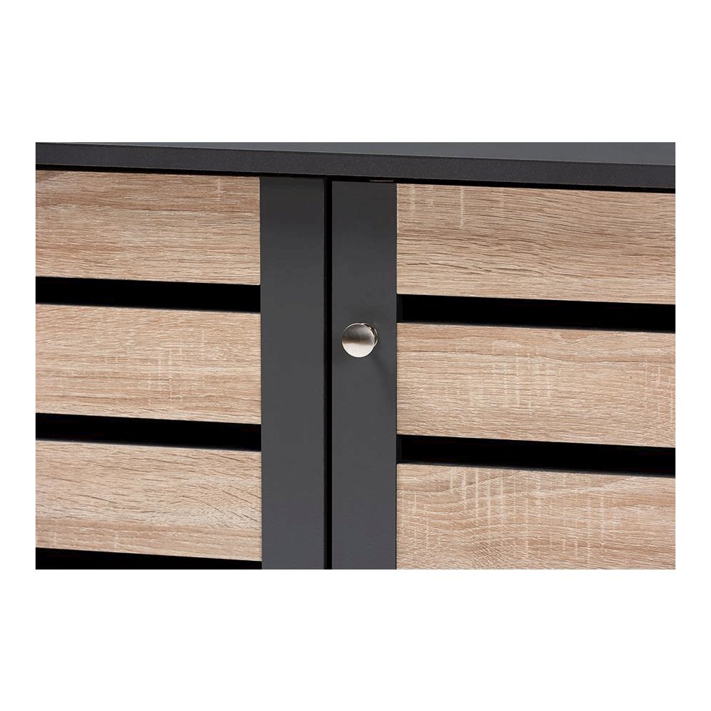 Two-Tone Oak and Dark Gray 3-Door Shoe Storage Cabinet