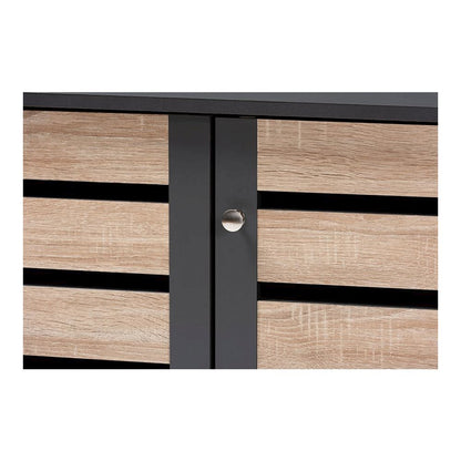 Two-Tone Oak and Dark Gray 3-Door Shoe Storage Cabinet