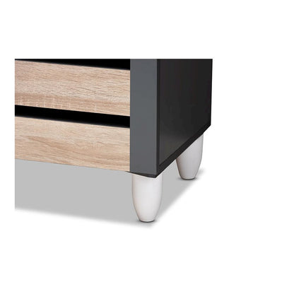 Two-Tone Oak and Dark Gray 3-Door Shoe Storage Cabinet