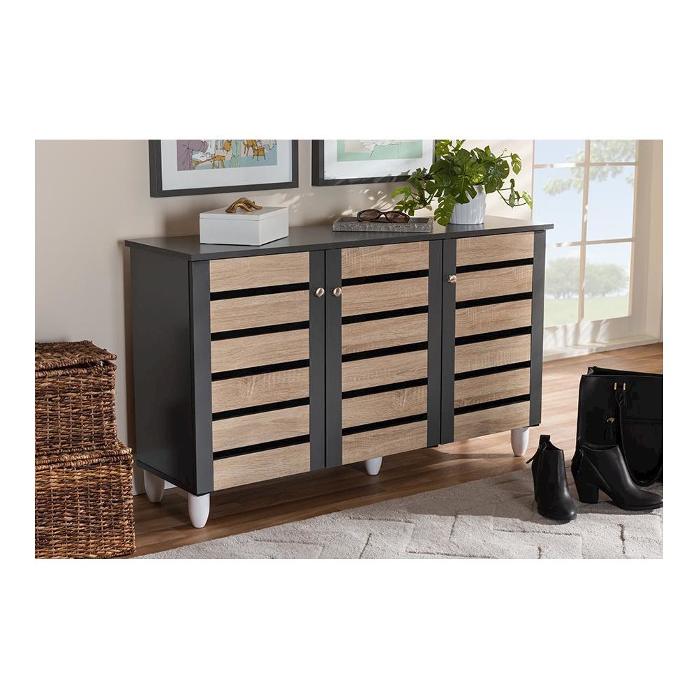 Two-Tone Oak and Dark Gray 3-Door Shoe Storage Cabinet
