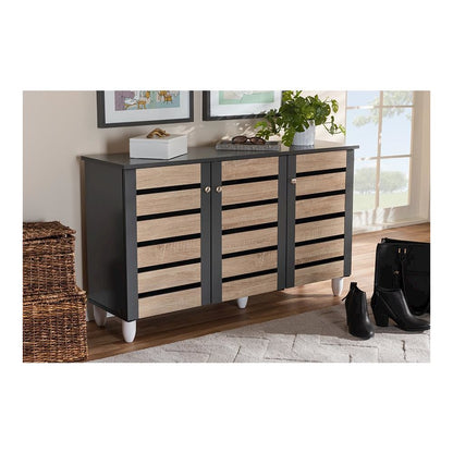 Two-Tone Oak and Dark Gray 3-Door Shoe Storage Cabinet