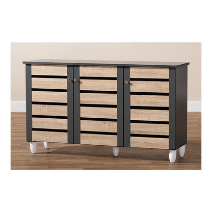 Two-Tone Oak and Dark Gray 3-Door Shoe Storage Cabinet