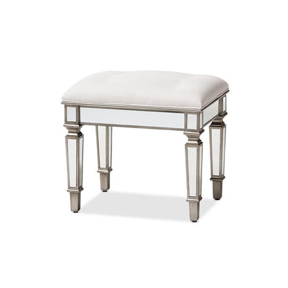 Off White Fabric Upholstered Mirrored Ottoman Vanity Bench