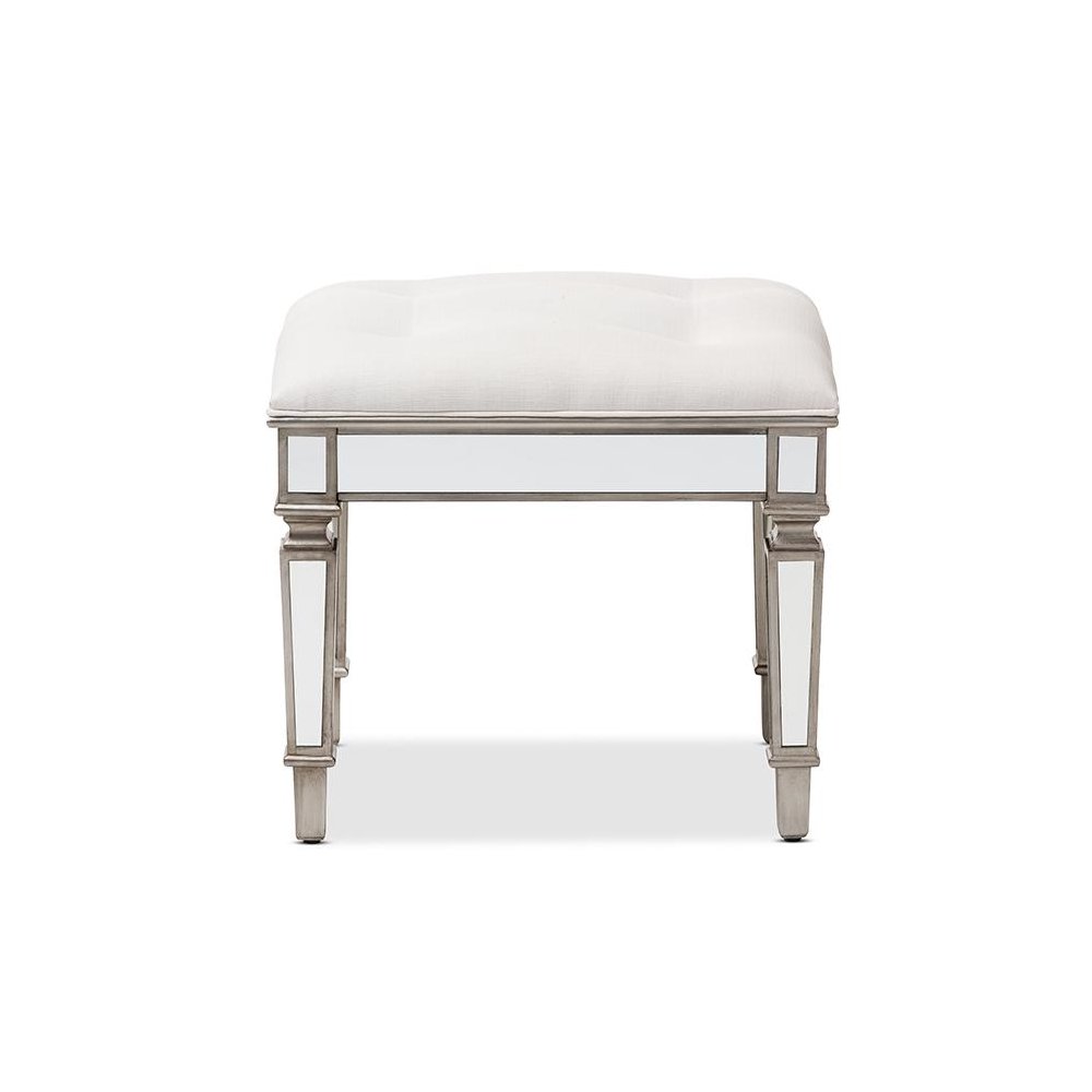 Off White Fabric Upholstered Mirrored Ottoman Vanity Bench