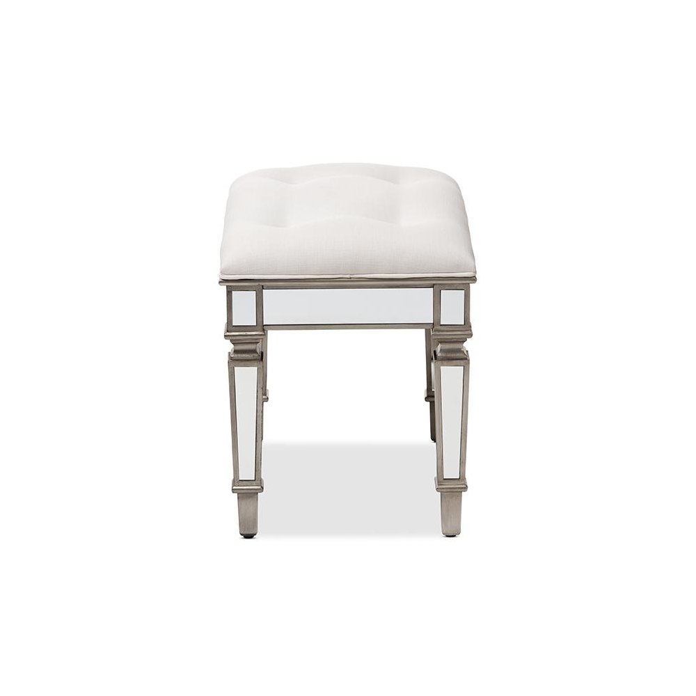 Off White Fabric Upholstered Mirrored Ottoman Vanity Bench