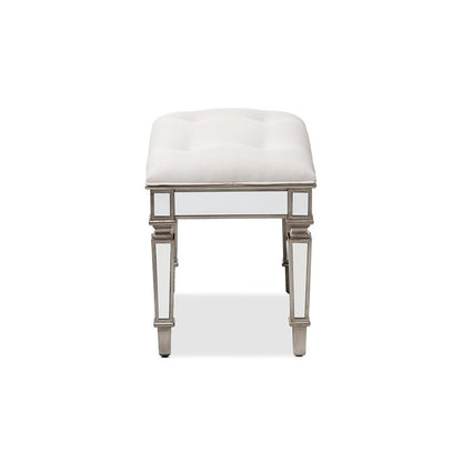 Off White Fabric Upholstered Mirrored Ottoman Vanity Bench